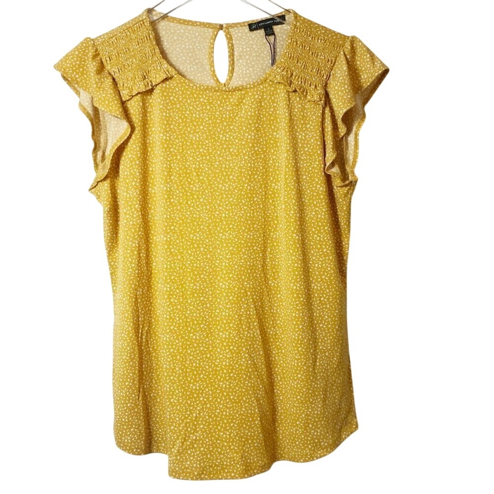 Adrianna Papell Yellow Scattered Leaf Short Fluttered Sleeve Blouse Size S NWOT